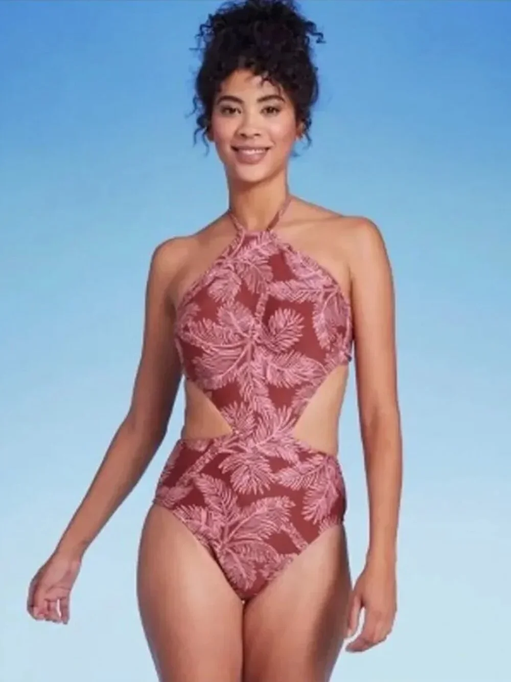 NEW Shade & Shore Cut Out Halter One Piece Swimsuit - Rust Palm Print - Size L